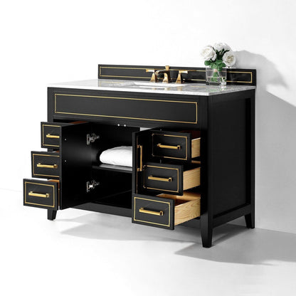 Ancerre Designs Aspen 48" 2-Door 6-Drawer Black Onyx Bathroom Vanity With White Marble Vanity Top, Single Undermount Ceramic Sink, 4" Solid Wood Backsplash and Satin Brushed Gold Hardware