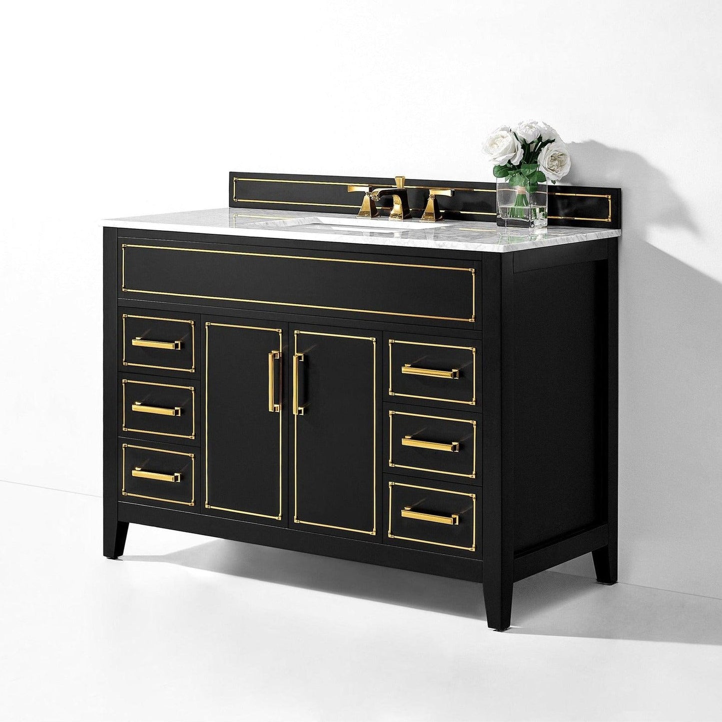 Ancerre Designs Aspen 48" 2-Door 6-Drawer Black Onyx Bathroom Vanity With White Marble Vanity Top, Single Undermount Ceramic Sink, 4" Solid Wood Backsplash and Satin Brushed Gold Hardware