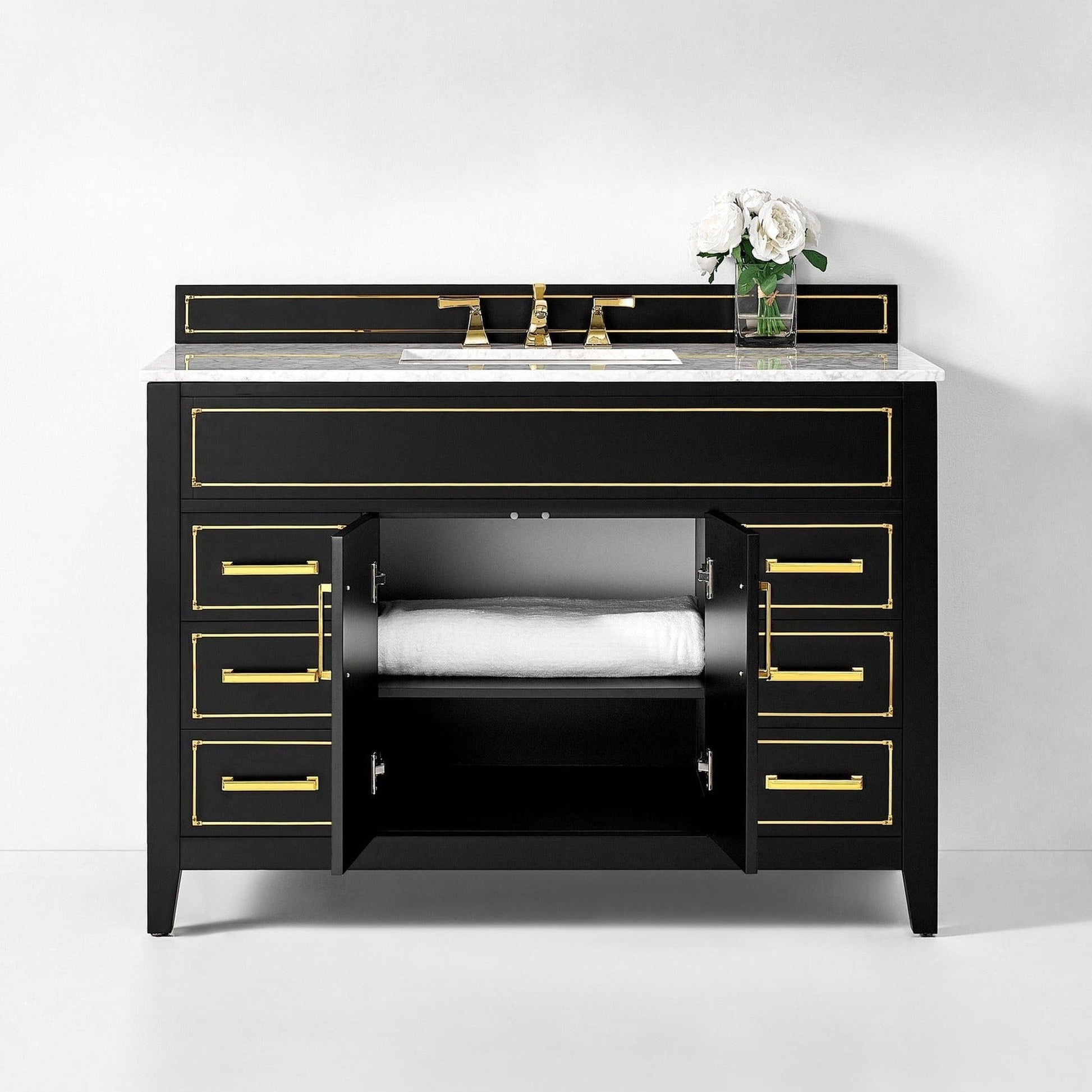 Ancerre Designs Aspen 48" Black Onyx 2-Door 6-Drawer Bathroom Vanity With White Marble Vanity Top, Single Undermount Ceramic Sink, 4" Solid Wood Backsplash and Satin Brushed Gold Hardware