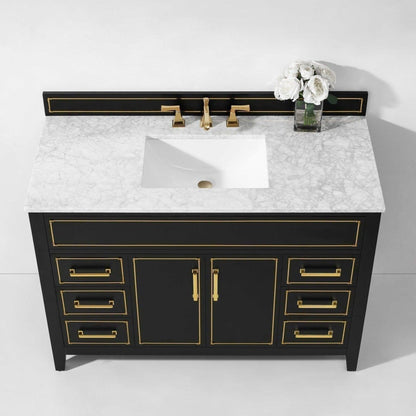 Ancerre Designs Aspen 48" Black Onyx 2-Door 6-Drawer Bathroom Vanity With White Marble Vanity Top, Single Undermount Ceramic Sink, 4" Solid Wood Backsplash and Satin Brushed Gold Hardware