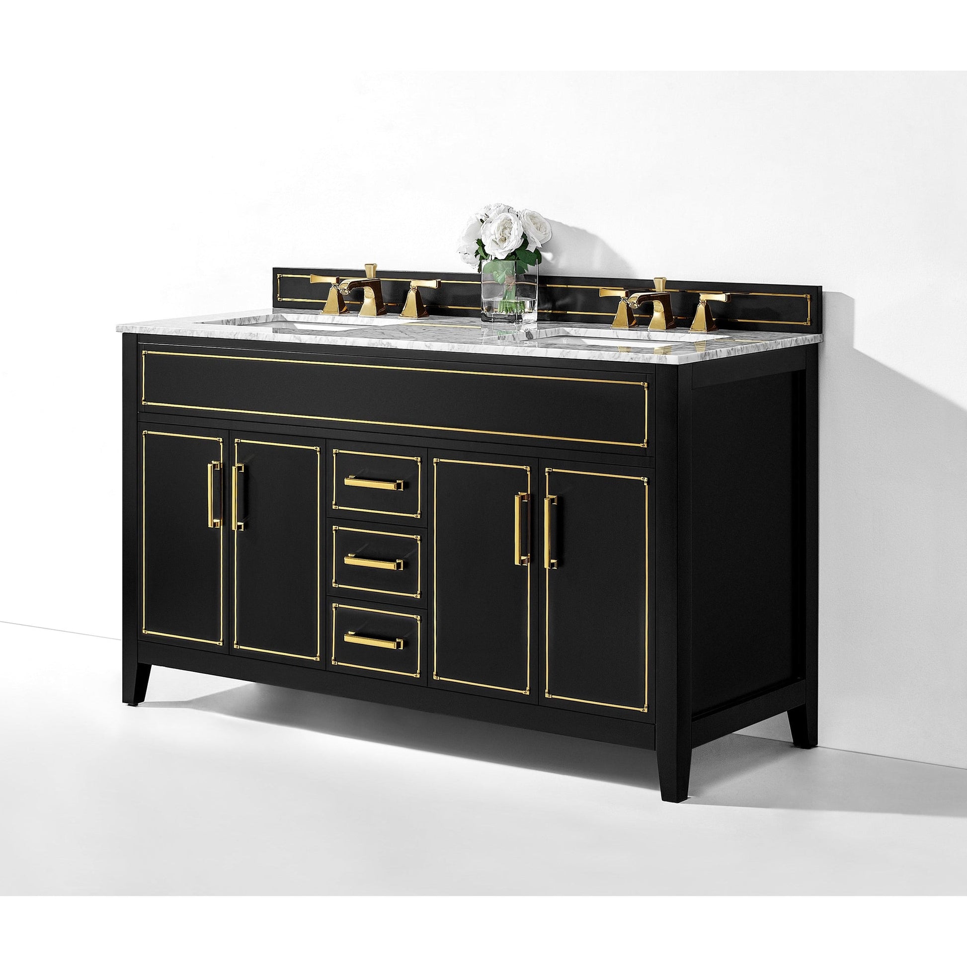 Ancerre Designs Aspen 60" Black Onyx 4-Door 3-Drawer Bathroom Vanity Set With White Marble Vanity Top, Double Undermount Ceramic Sinks, 4" Solid Wood Backsplash and Satin Brushed Gold Hardware