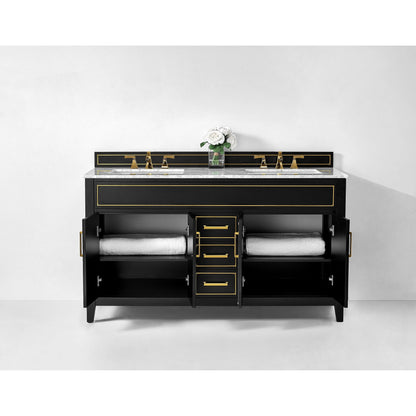 Ancerre Designs Aspen 60" Black Onyx 4-Door 3-Drawer Bathroom Vanity Set With White Marble Vanity Top, Double Undermount Ceramic Sinks, 4" Solid Wood Backsplash and Satin Brushed Gold Hardware