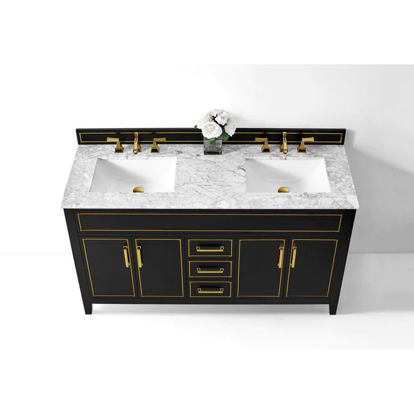 Ancerre Designs Aspen 60" Black Onyx 4-Door 3-Drawer Bathroom Vanity Set With White Marble Vanity Top, Double Undermount Ceramic Sinks, 4" Solid Wood Backsplash and Satin Brushed Gold Hardware