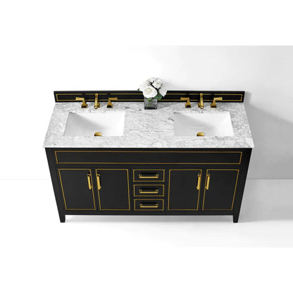 Ancerre Designs Aspen 60" Black Onyx 4-Door 3-Drawer Bathroom Vanity Set With White Marble Vanity Top, Double Undermount Ceramic Sinks, 4" Solid Wood Backsplash and Satin Brushed Gold Hardware