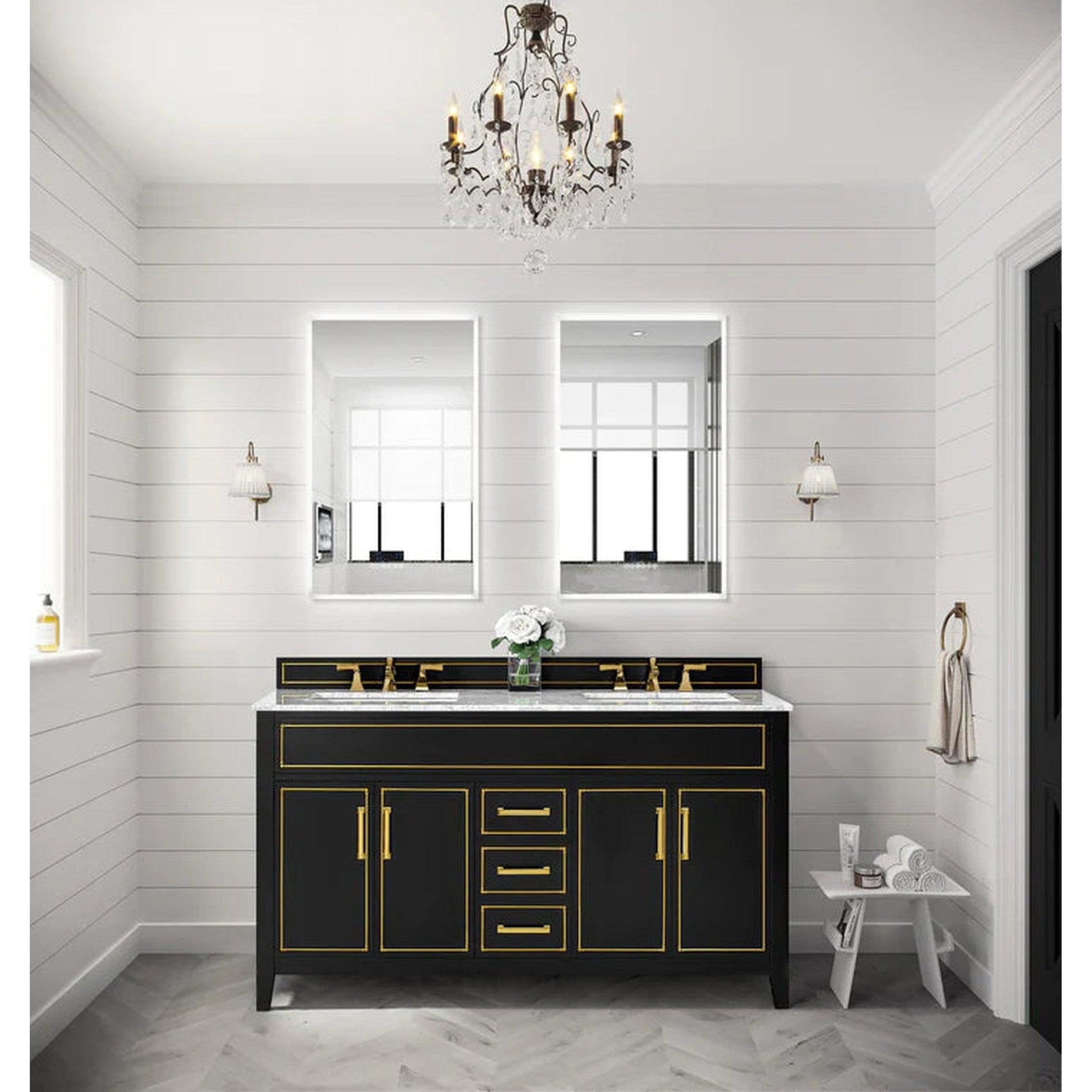 Ancerre Designs Aspen 60" Black Onyx 4-Door 3-Drawer Bathroom Vanity Set With White Marble Vanity Top, Double Undermount Ceramic Sinks, 4" Solid Wood Backsplash and Satin Brushed Gold Hardware