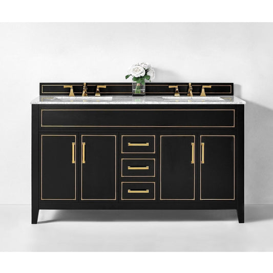 Ancerre Designs Aspen 60" Black Onyx 4-Door 3-Drawer Bathroom Vanity Set With White Marble Vanity Top, Double Undermount Ceramic Sinks, 4" Solid Wood Backsplash and Satin Brushed Gold Hardware