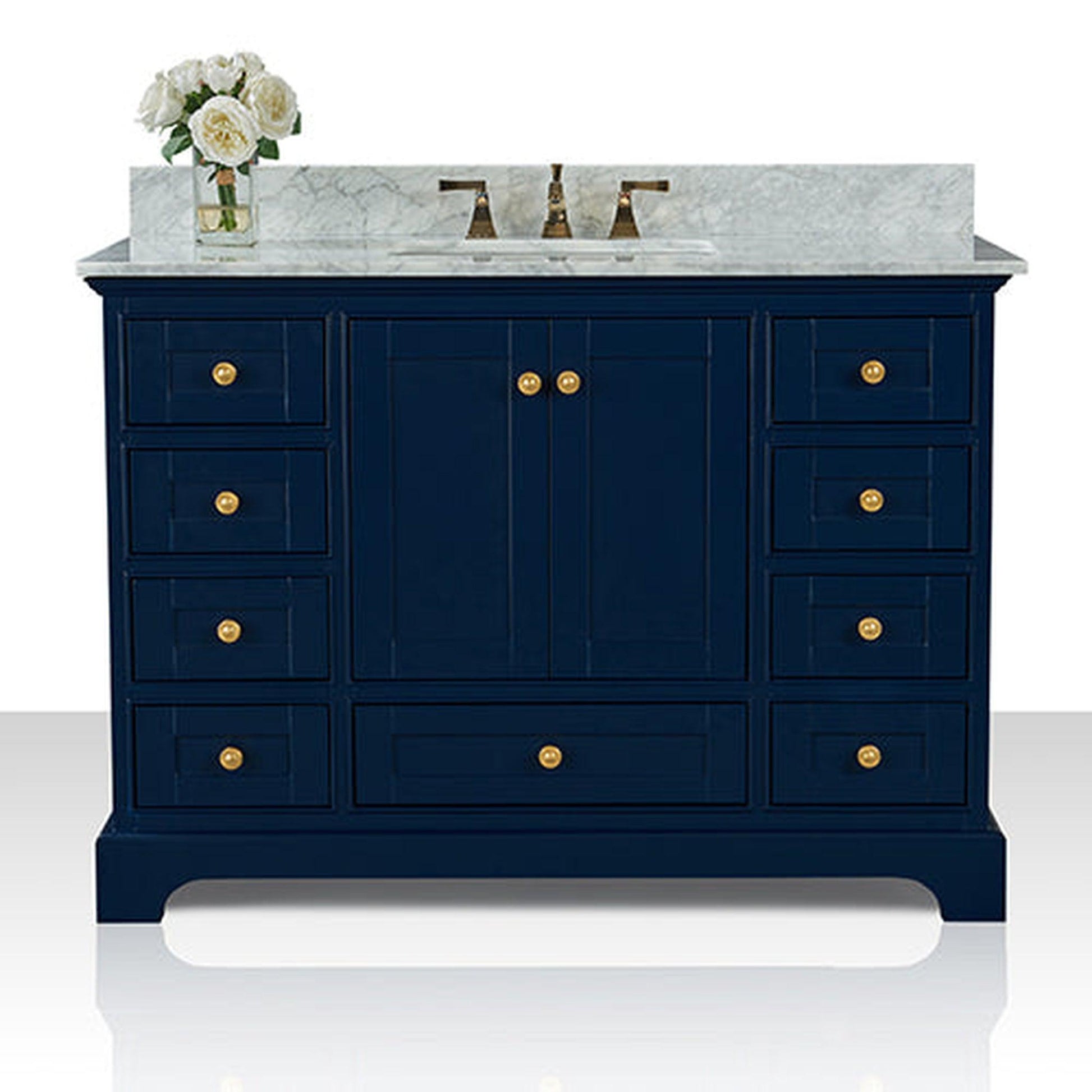 Ancerre Designs Audrey 48" 2-Door 9-Drawer Heritage Blue Bathroom Vanity With White Marble Vanity Top, Single Undermount Ceramic Sink, 4" Solid Wood Backsplash and Satin Brushed Gold Hardware