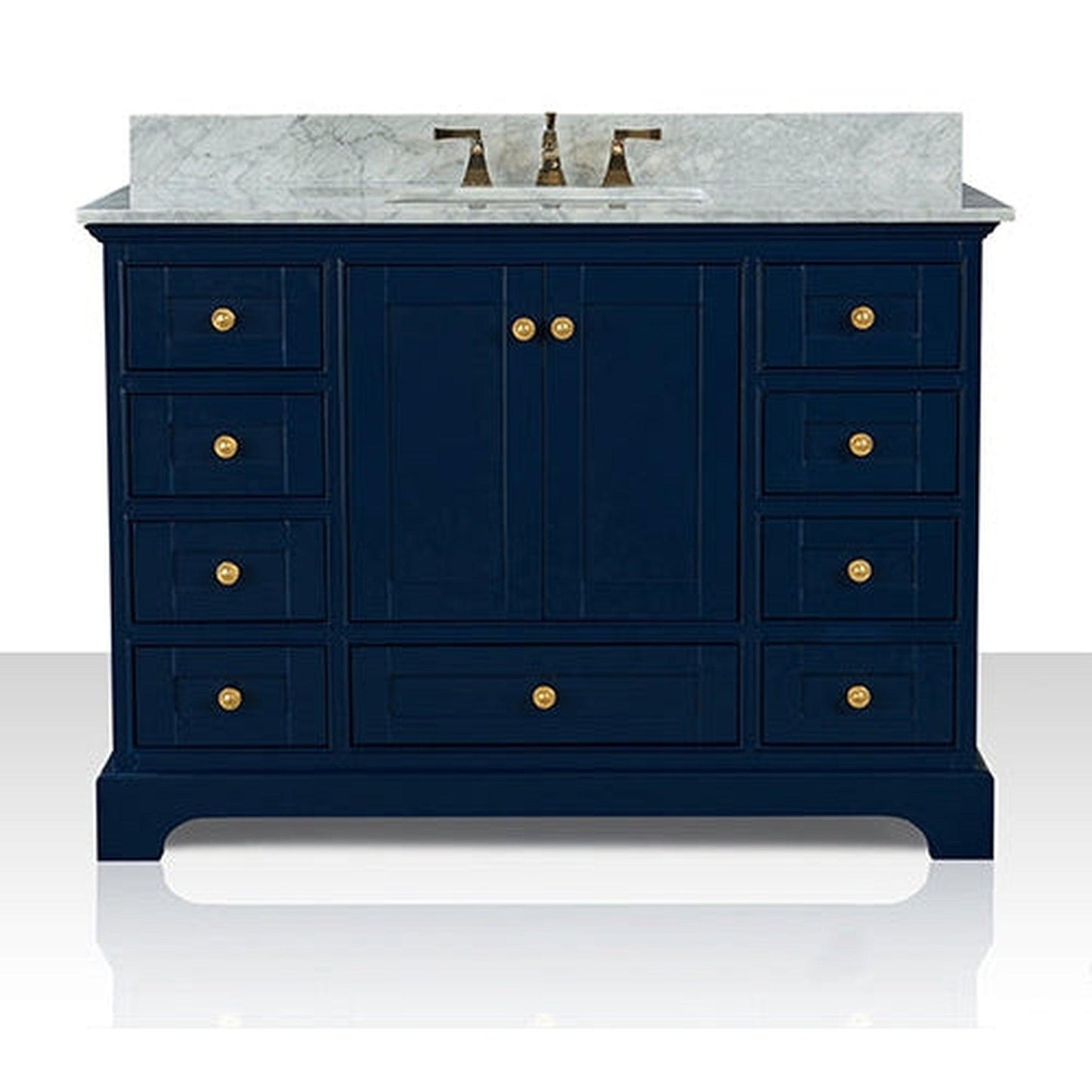 Ancerre Designs Audrey 48" 2-Door 9-Drawer Heritage Blue Bathroom Vanity With White Marble Vanity Top, Single Undermount Ceramic Sink, 4" Solid Wood Backsplash and Satin Brushed Gold Hardware