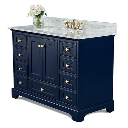 Ancerre Designs Audrey 48" 2-Door 9-Drawer Heritage Blue Bathroom Vanity With White Marble Vanity Top, Single Undermount Ceramic Sink, 4" Solid Wood Backsplash and Satin Brushed Gold Hardware