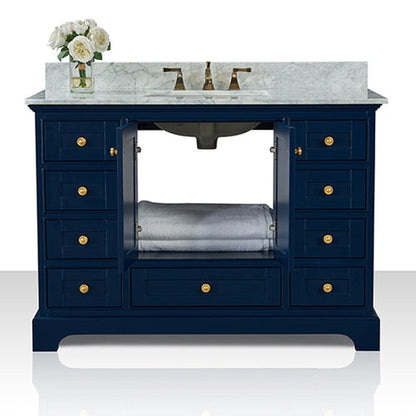 Ancerre Designs Audrey 48" 2-Door 9-Drawer Heritage Blue Bathroom Vanity With White Marble Vanity Top, Single Undermount Ceramic Sink, 4" Solid Wood Backsplash and Satin Brushed Gold Hardware