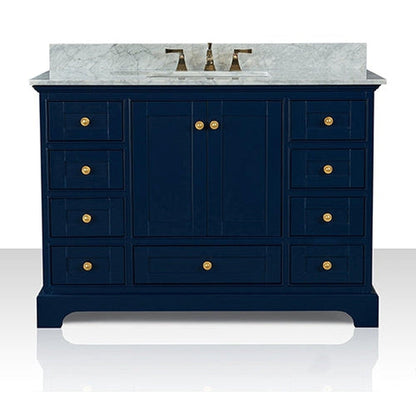 Ancerre Designs Audrey 48" 2-Door 9-Drawer Heritage Blue Bathroom Vanity With White Marble Vanity Top, Single Undermount Ceramic Sink, 4" Solid Wood Backsplash and Satin Brushed Gold Hardware