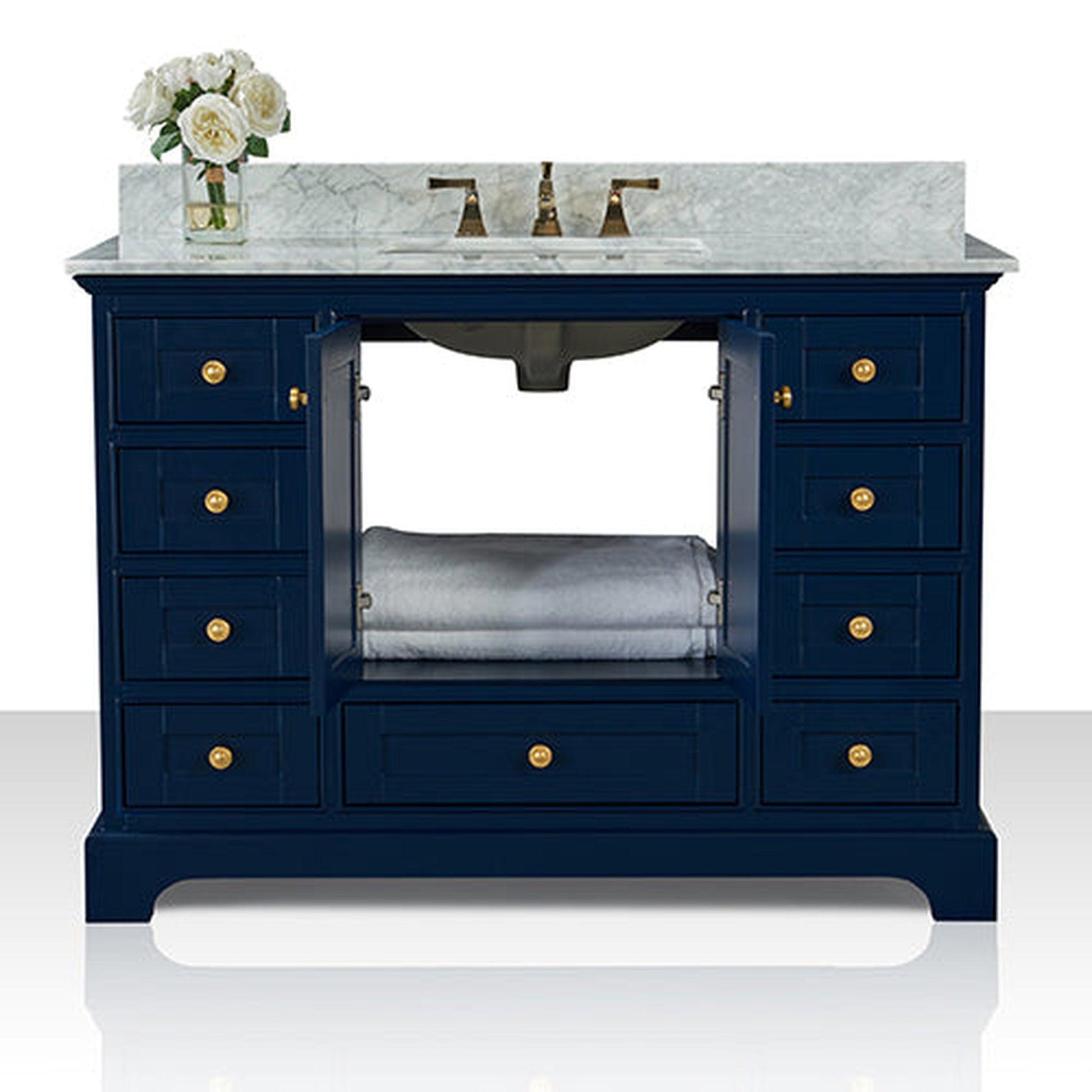 Ancerre Designs Audrey 48" 2-Door 9-Drawer Heritage Blue Bathroom Vanity With White Marble Vanity Top, Single Undermount Ceramic Sink, 4" Solid Wood Backsplash and Satin Brushed Gold Hardware