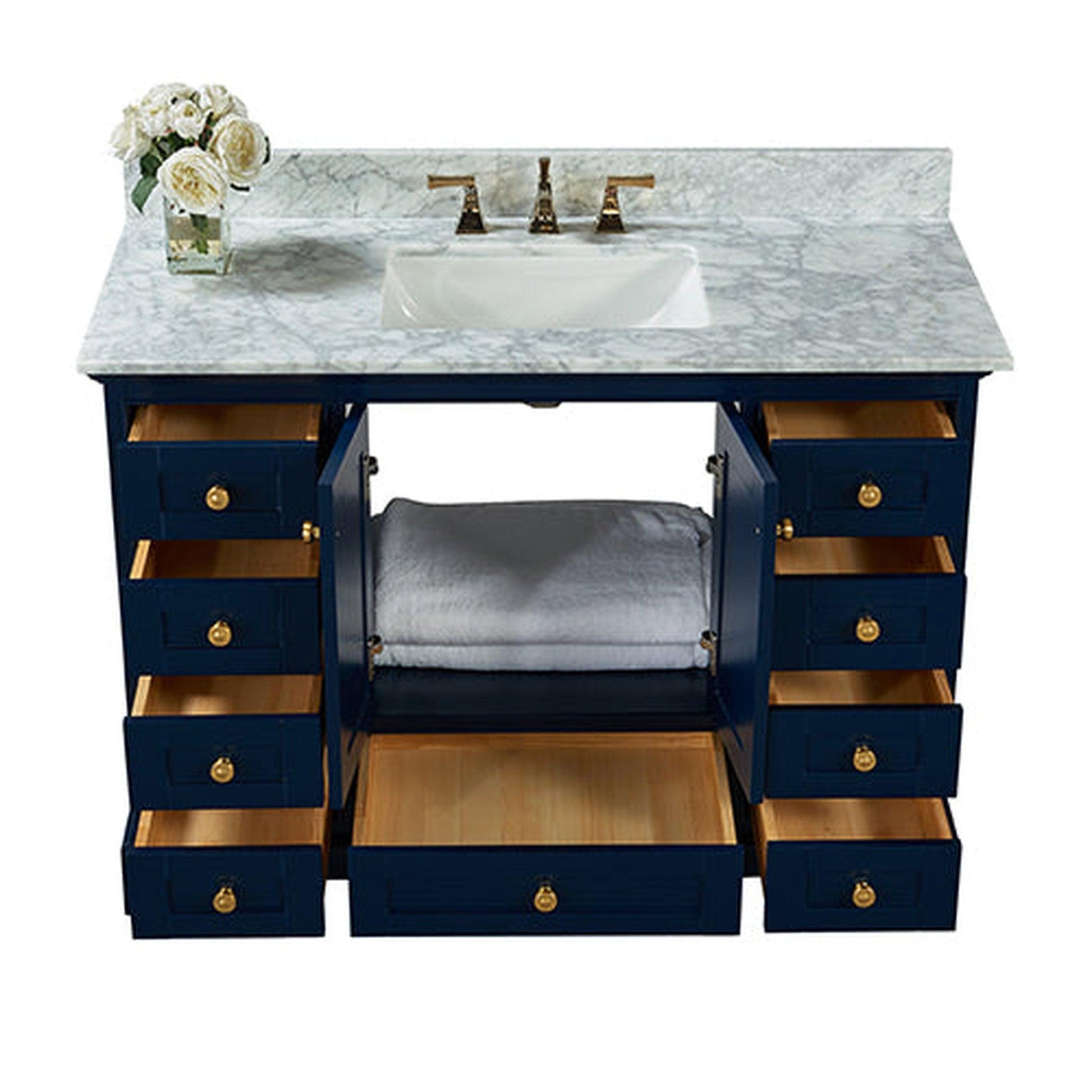 Ancerre Designs Audrey 48" 2-Door 9-Drawer Heritage Blue Bathroom Vanity With White Marble Vanity Top, Single Undermount Ceramic Sink, 4" Solid Wood Backsplash and Satin Brushed Gold Hardware