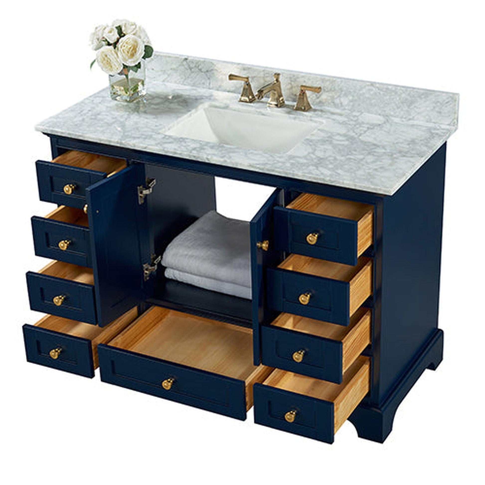 Ancerre Designs Audrey 48" 2-Door 9-Drawer Heritage Blue Bathroom Vanity With White Marble Vanity Top, Single Undermount Ceramic Sink, 4" Solid Wood Backsplash and Satin Brushed Gold Hardware