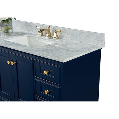 Ancerre Designs Audrey 48" 2-Door 9-Drawer Heritage Blue Bathroom Vanity With White Marble Vanity Top, Single Undermount Ceramic Sink, 4" Solid Wood Backsplash and Satin Brushed Gold Hardware