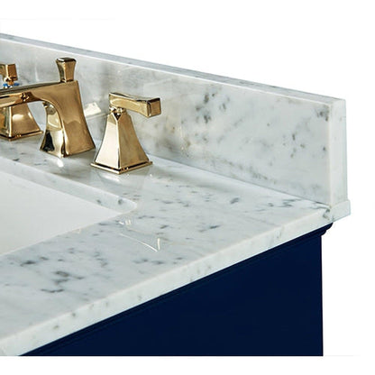 Ancerre Designs Audrey 48" 2-Door 9-Drawer Heritage Blue Bathroom Vanity With White Marble Vanity Top, Single Undermount Ceramic Sink, 4" Solid Wood Backsplash and Satin Brushed Gold Hardware