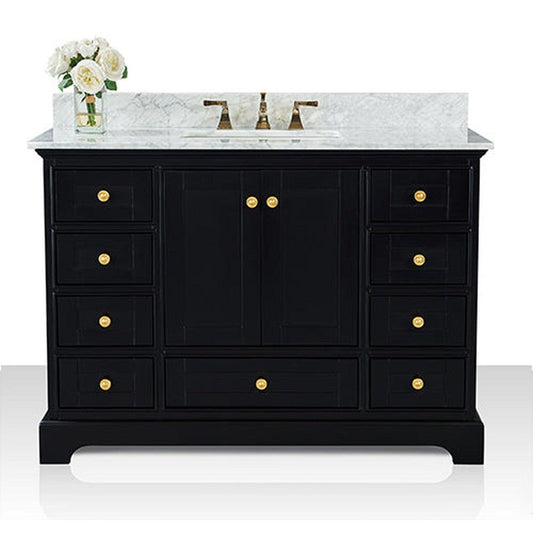 Ancerre Designs Audrey 48" Black Onyx 2-Door 9-Drawer Bathroom Vanity With White Marble Vanity Top, Single Undermount Ceramic Sink, 4" Solid Wood Backsplash and Satin Brushed Gold Hardware