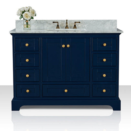 Ancerre Designs Audrey 48" Heritage Blue 2-Door 9-Drawer Bathroom Vanity With White Marble Vanity Top, Single Undermount Ceramic Sink, 4" Solid Wood Backsplash and Satin Brushed Gold Hardware