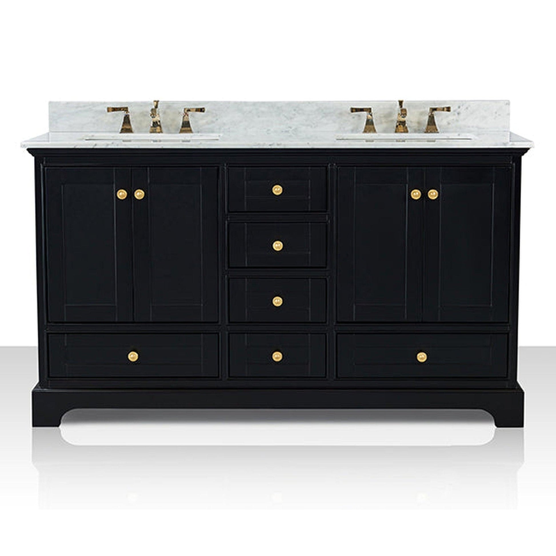 Ancerre Designs Audrey 60" 4-Door 6-Drawer Black Onyx Bathroom Vanity With White Marble Vanity Top, Double Undermount Ceramic Sink, 4” Solid Wood Backsplash and Satin Brushed Gold Hardware