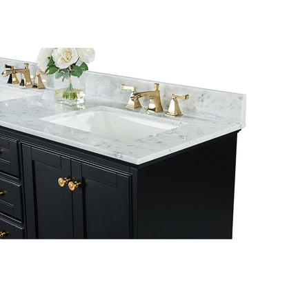 Ancerre Designs Audrey 60" 4-Door 6-Drawer Black Onyx Bathroom Vanity With White Marble Vanity Top, Double Undermount Ceramic Sink, 4” Solid Wood Backsplash and Satin Brushed Gold Hardware