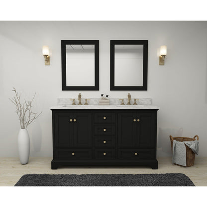 Ancerre Designs Audrey 60" 4-Door 6-Drawer Black Onyx Bathroom Vanity With White Marble Vanity Top, Double Undermount Ceramic Sink, 4” Solid Wood Backsplash and Satin Brushed Gold Hardware