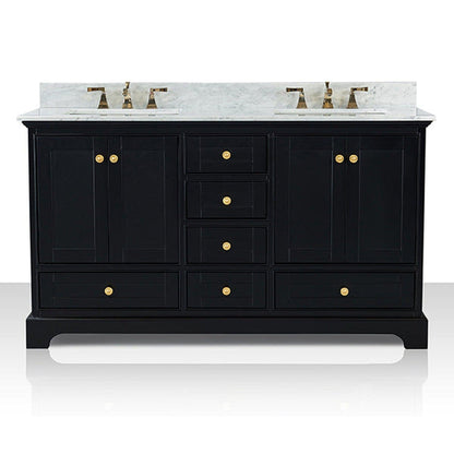 Ancerre Designs Audrey 60" 4-Door 6-Drawer Black Onyx Bathroom Vanity With White Marble Vanity Top, Double Undermount Ceramic Sink, 4” Solid Wood Backsplash and Satin Brushed Gold Hardware