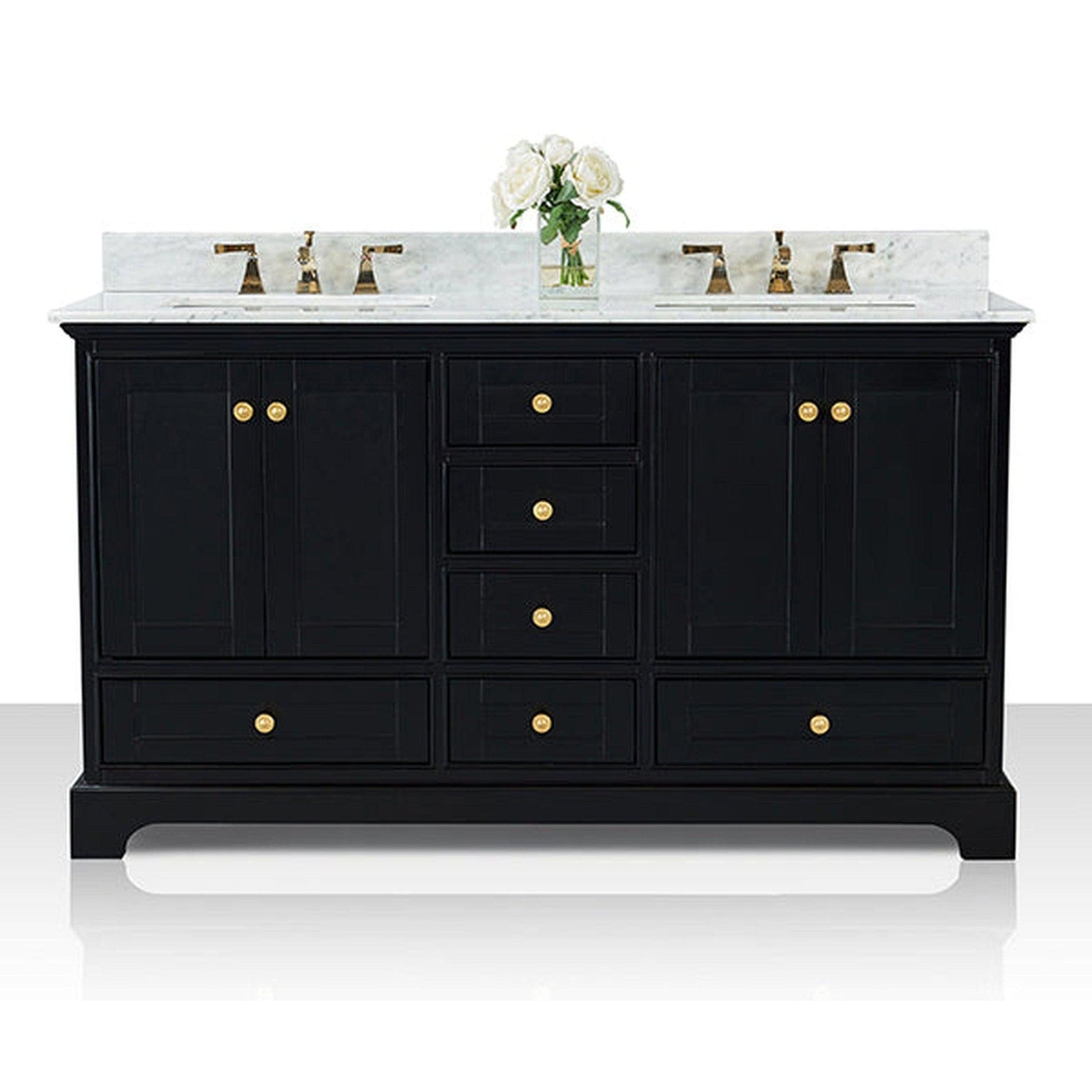 Ancerre Designs Audrey 60" 4-Door 6-Drawer Black Onyx Bathroom Vanity With White Marble Vanity Top, Double Undermount Ceramic Sink, 4” Solid Wood Backsplash and Satin Brushed Gold Hardware