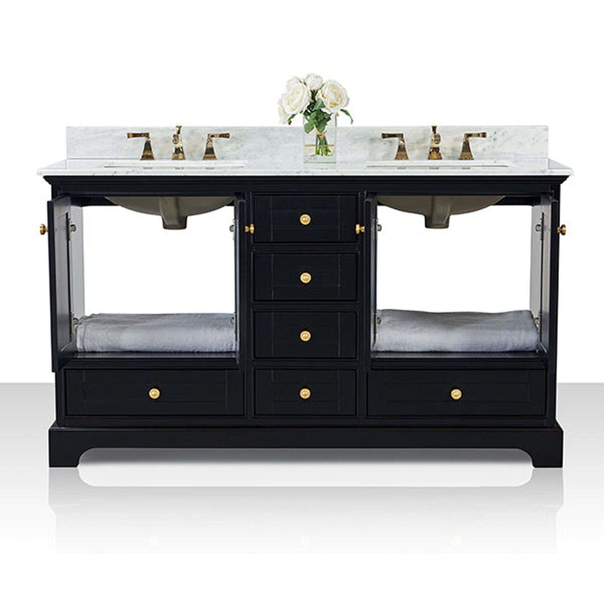 Ancerre Designs Audrey 60" 4-Door 6-Drawer Black Onyx Bathroom Vanity With White Marble Vanity Top, Double Undermount Ceramic Sink, 4” Solid Wood Backsplash and Satin Brushed Gold Hardware