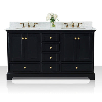 Ancerre Designs Audrey 60" 4-Door 6-Drawer Black Onyx Bathroom Vanity With White Marble Vanity Top, Double Undermount Ceramic Sink, 4” Solid Wood Backsplash and Satin Brushed Gold Hardware