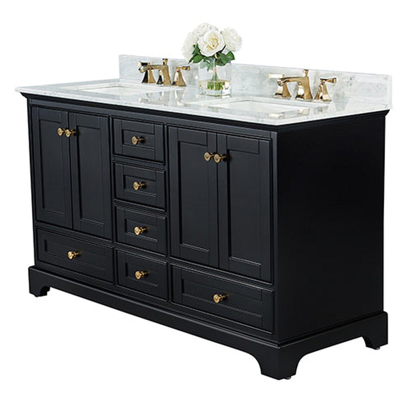 Ancerre Designs Audrey 60" 4-Door 6-Drawer Black Onyx Bathroom Vanity With White Marble Vanity Top, Double Undermount Ceramic Sink, 4” Solid Wood Backsplash and Satin Brushed Gold Hardware