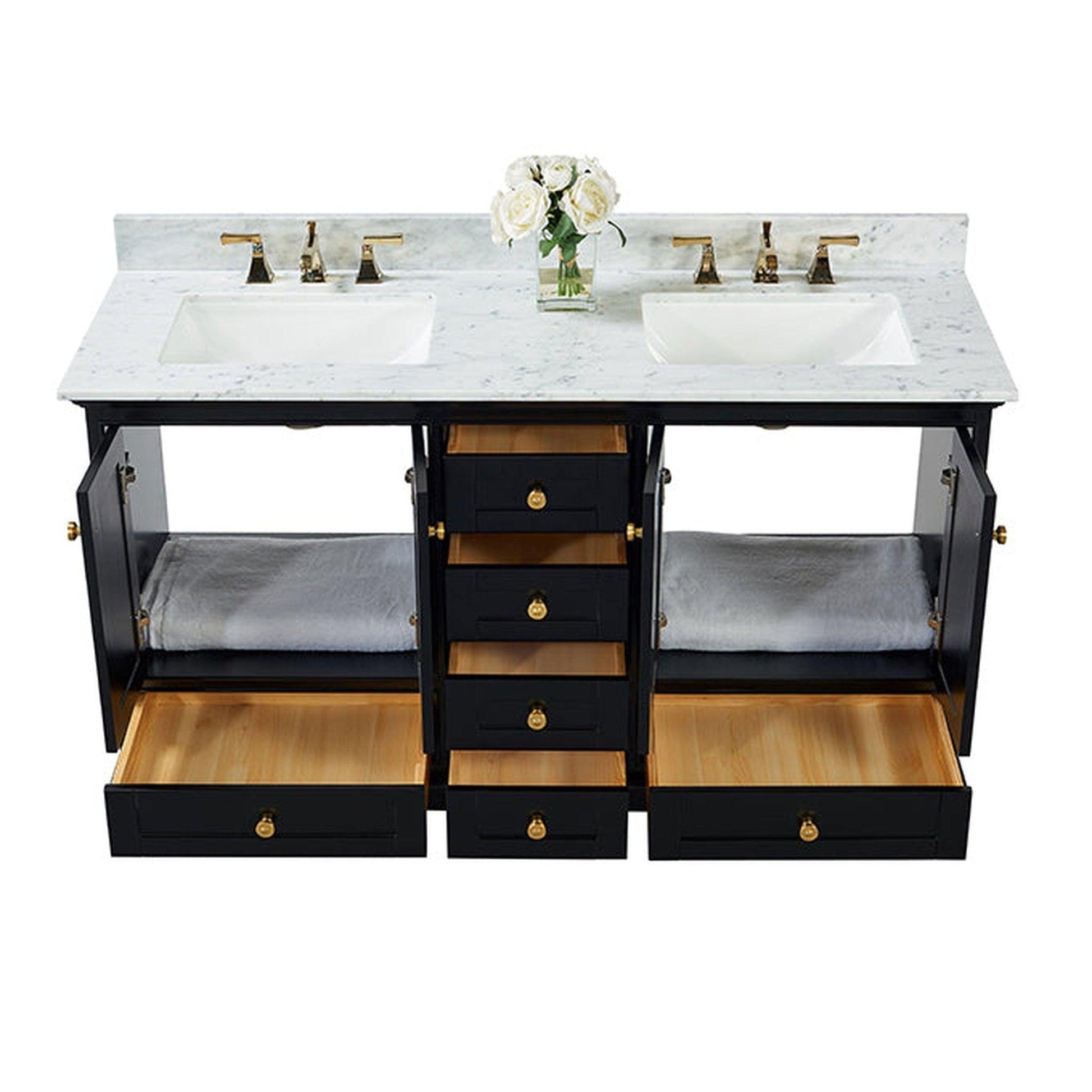 Ancerre Designs Audrey 60" 4-Door 6-Drawer Black Onyx Bathroom Vanity With White Marble Vanity Top, Double Undermount Ceramic Sink, 4” Solid Wood Backsplash and Satin Brushed Gold Hardware