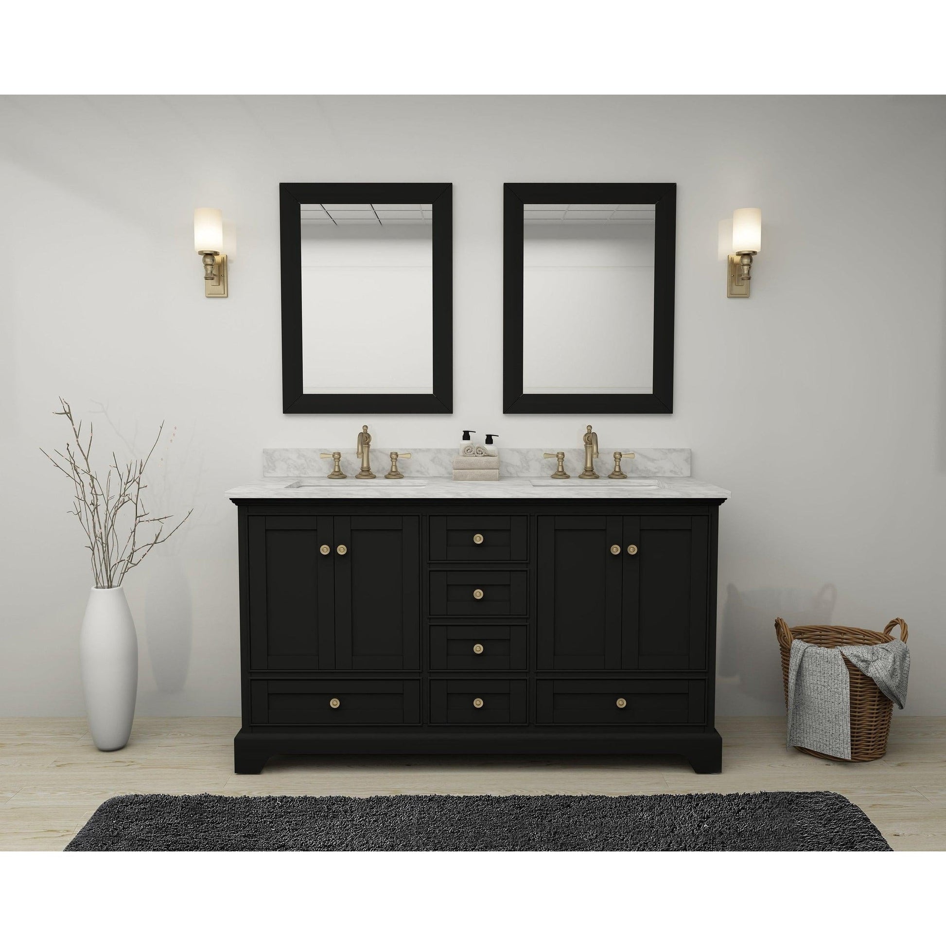 Ancerre Designs Audrey 60" 4-Door 6-Drawer Black Onyx Bathroom Vanity With White Marble Vanity Top, Double Undermount Ceramic Sink, 4” Solid Wood Backsplash and Satin Brushed Gold Hardware