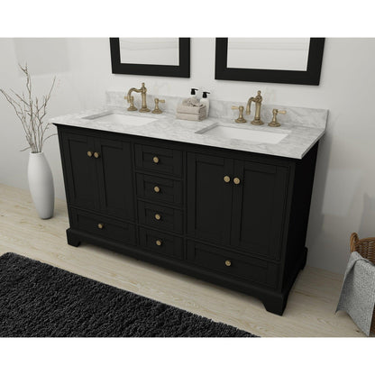 Ancerre Designs Audrey 60" 4-Door 6-Drawer Black Onyx Bathroom Vanity With White Marble Vanity Top, Double Undermount Ceramic Sink, 4” Solid Wood Backsplash and Satin Brushed Gold Hardware