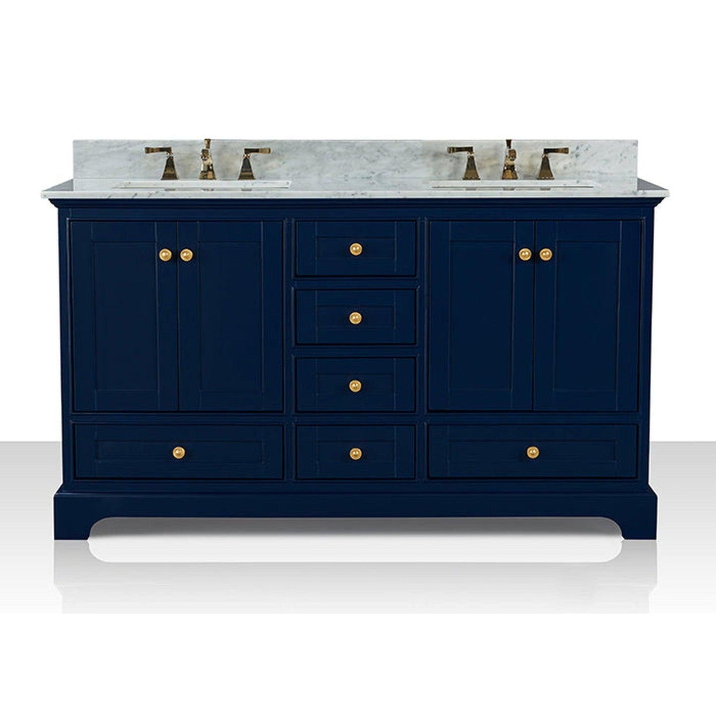 Ancerre Designs Audrey 60" 4-Door 6-Drawer Heritage Blue Bathroom Vanity With White Marble Vanity Top, Double Undermount Ceramic Sink, 4 Solid Wood Backsplash and Satin Brushed Gold Hardware