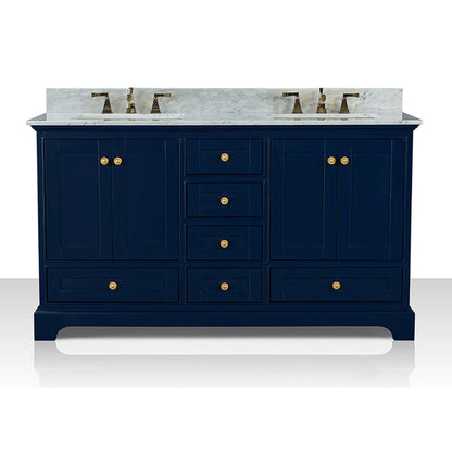 Ancerre Designs Audrey 60" 4-Door 6-Drawer Heritage Blue Bathroom Vanity With White Marble Vanity Top, Double Undermount Ceramic Sink, 4 Solid Wood Backsplash and Satin Brushed Gold Hardware
