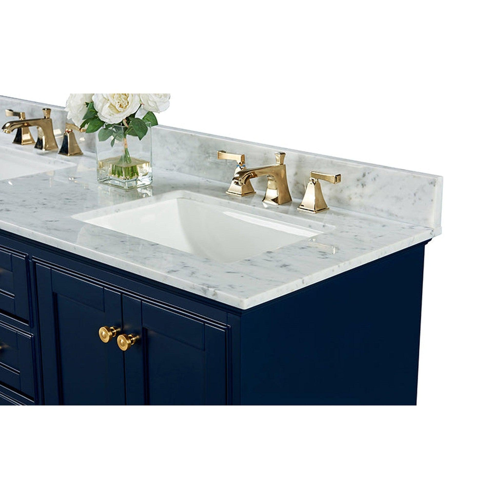 Ancerre Designs Audrey 60" 4-Door 6-Drawer Heritage Blue Bathroom Vanity With White Marble Vanity Top, Double Undermount Ceramic Sink, 4 Solid Wood Backsplash and Satin Brushed Gold Hardware