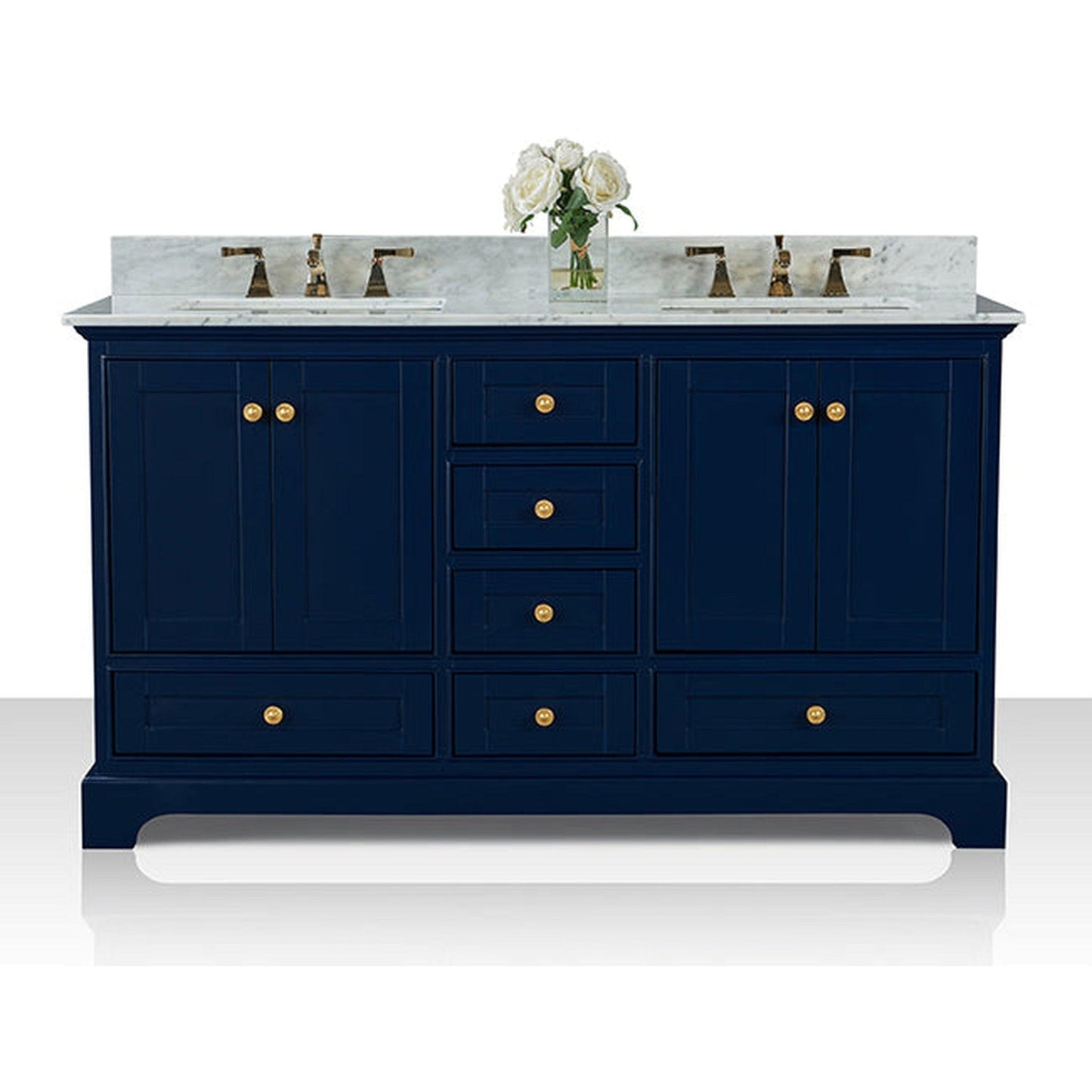 Ancerre Designs Audrey 60" 4-Door 6-Drawer Heritage Blue Bathroom Vanity With White Marble Vanity Top, Double Undermount Ceramic Sink, 4 Solid Wood Backsplash and Satin Brushed Gold Hardware