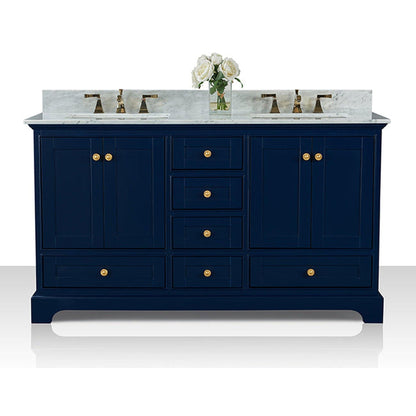 Ancerre Designs Audrey 60" 4-Door 6-Drawer Heritage Blue Bathroom Vanity With White Marble Vanity Top, Double Undermount Ceramic Sink, 4 Solid Wood Backsplash and Satin Brushed Gold Hardware