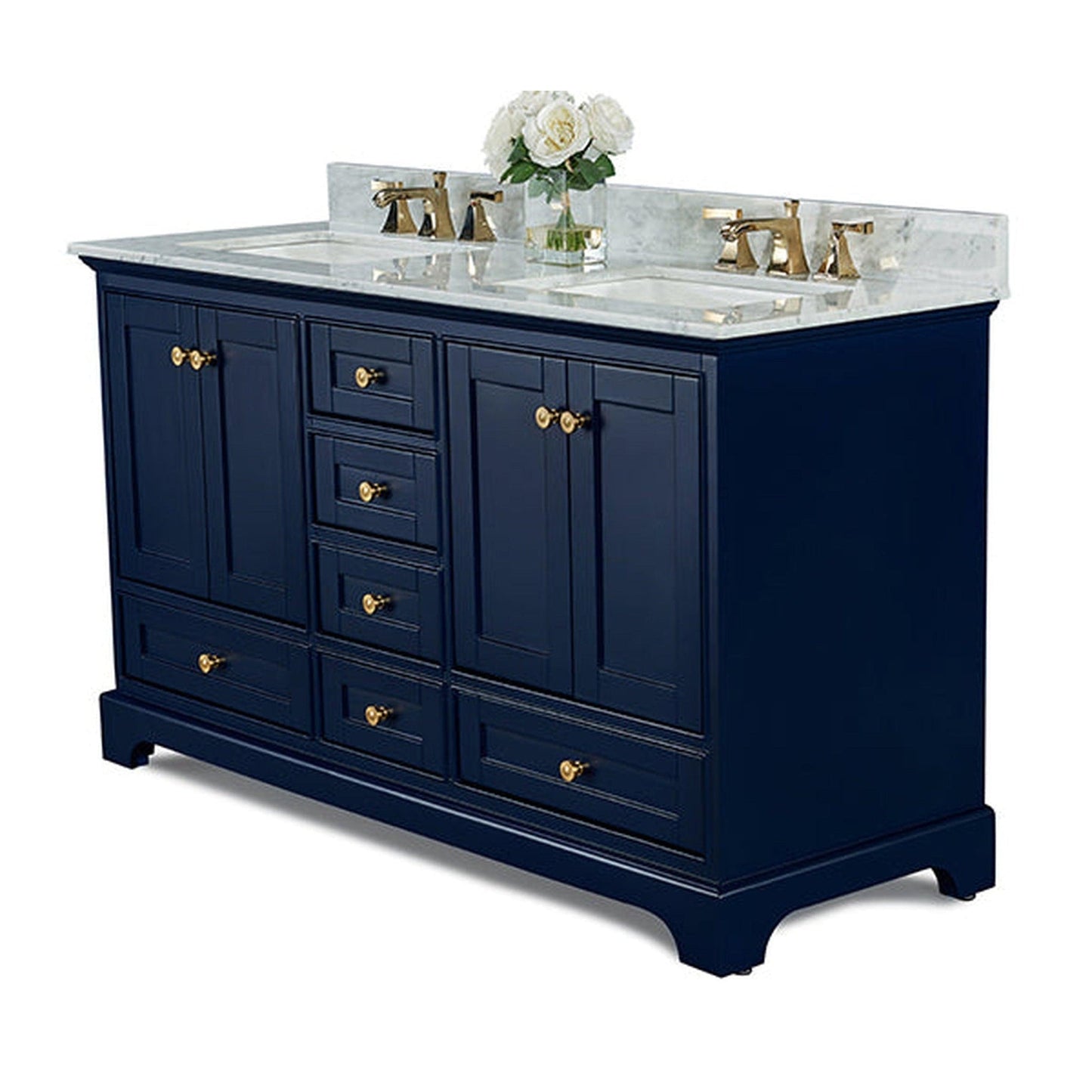 Ancerre Designs Audrey 60" 4-Door 6-Drawer Heritage Blue Bathroom Vanity With White Marble Vanity Top, Double Undermount Ceramic Sink, 4 Solid Wood Backsplash and Satin Brushed Gold Hardware