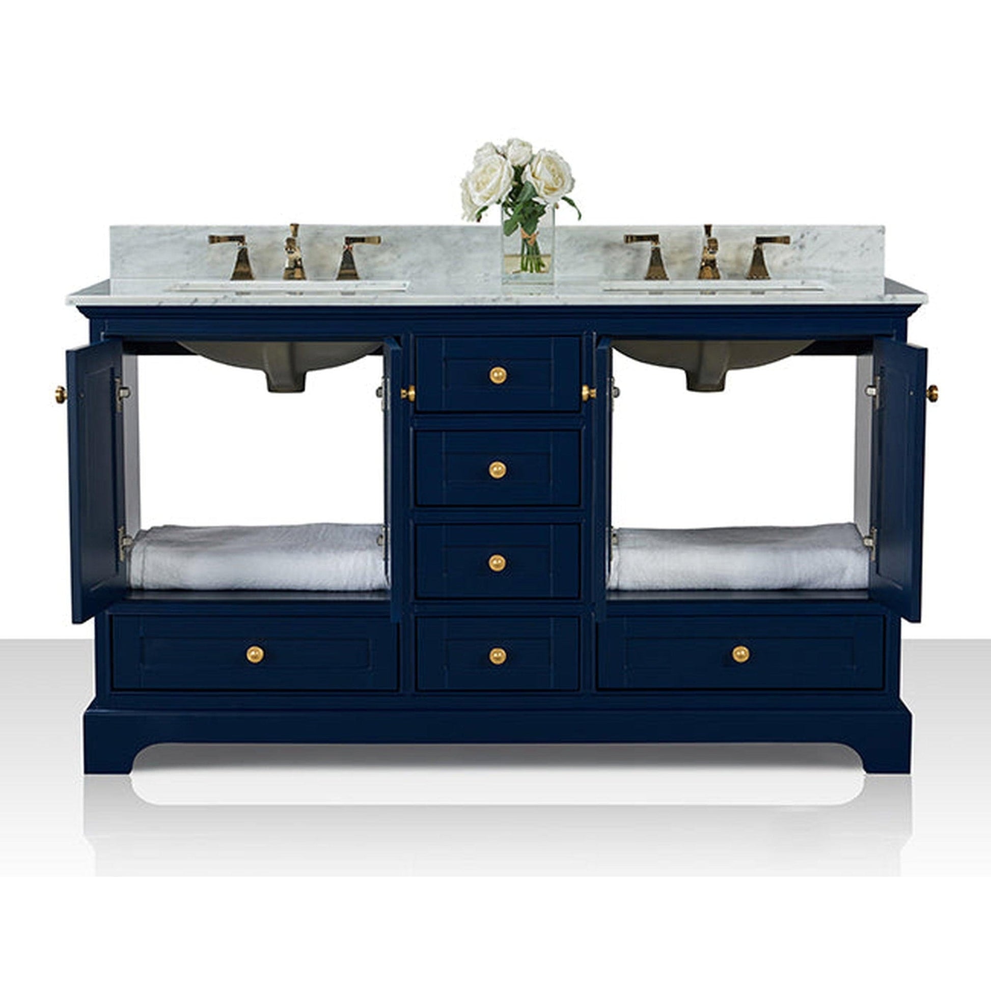 Ancerre Designs Audrey 60" 4-Door 6-Drawer Heritage Blue Bathroom Vanity With White Marble Vanity Top, Double Undermount Ceramic Sink, 4 Solid Wood Backsplash and Satin Brushed Gold Hardware