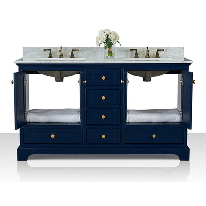 Ancerre Designs Audrey 60" 4-Door 6-Drawer Heritage Blue Bathroom Vanity With White Marble Vanity Top, Double Undermount Ceramic Sink, 4 Solid Wood Backsplash and Satin Brushed Gold Hardware