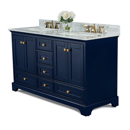 Ancerre Designs Audrey 60" 4-Door 6-Drawer Heritage Blue Bathroom Vanity With White Marble Vanity Top, Double Undermount Ceramic Sink, 4 Solid Wood Backsplash and Satin Brushed Gold Hardware