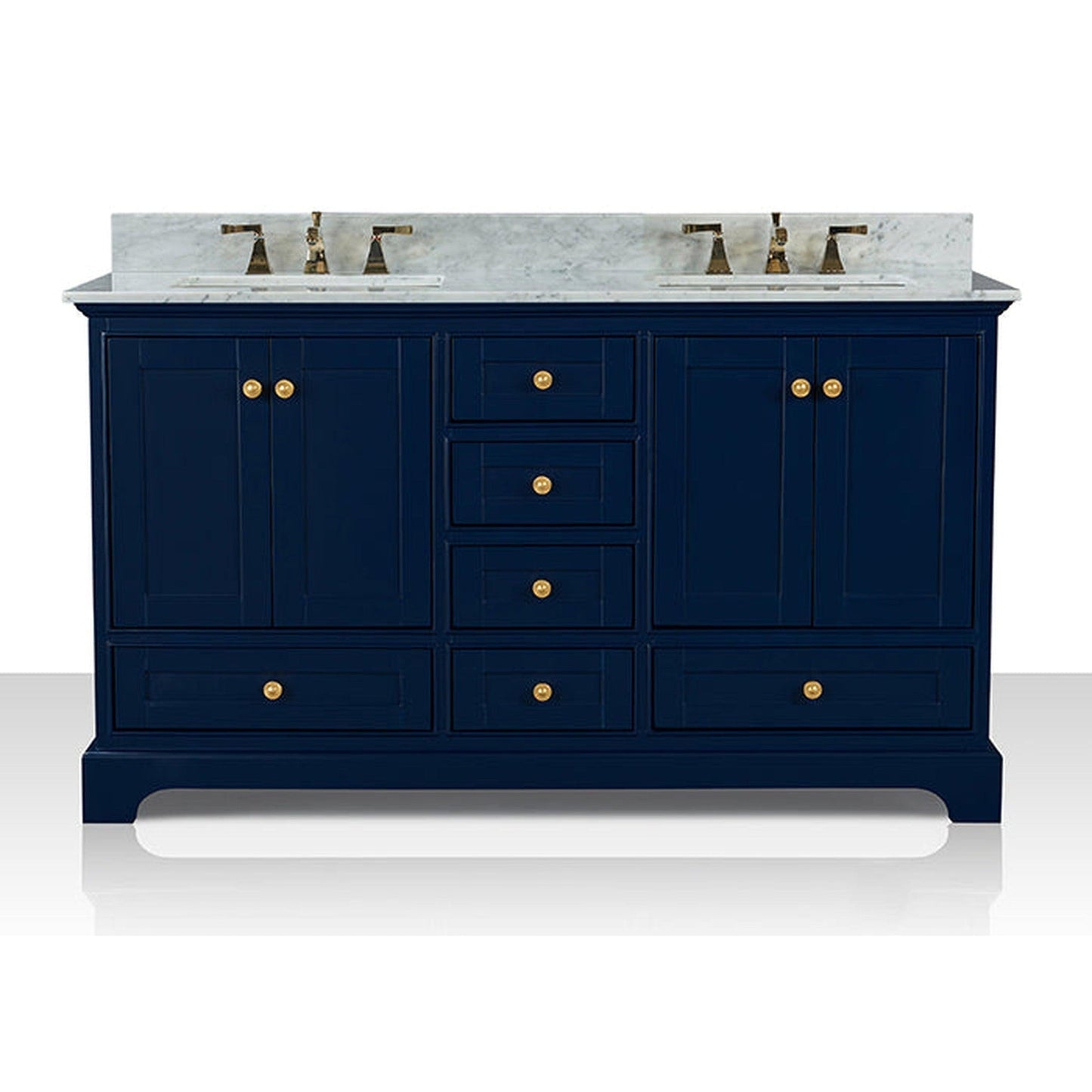 Ancerre Designs Audrey 60" 4-Door 6-Drawer Heritage Blue Bathroom Vanity With White Marble Vanity Top, Double Undermount Ceramic Sink, 4 Solid Wood Backsplash and Satin Brushed Gold Hardware