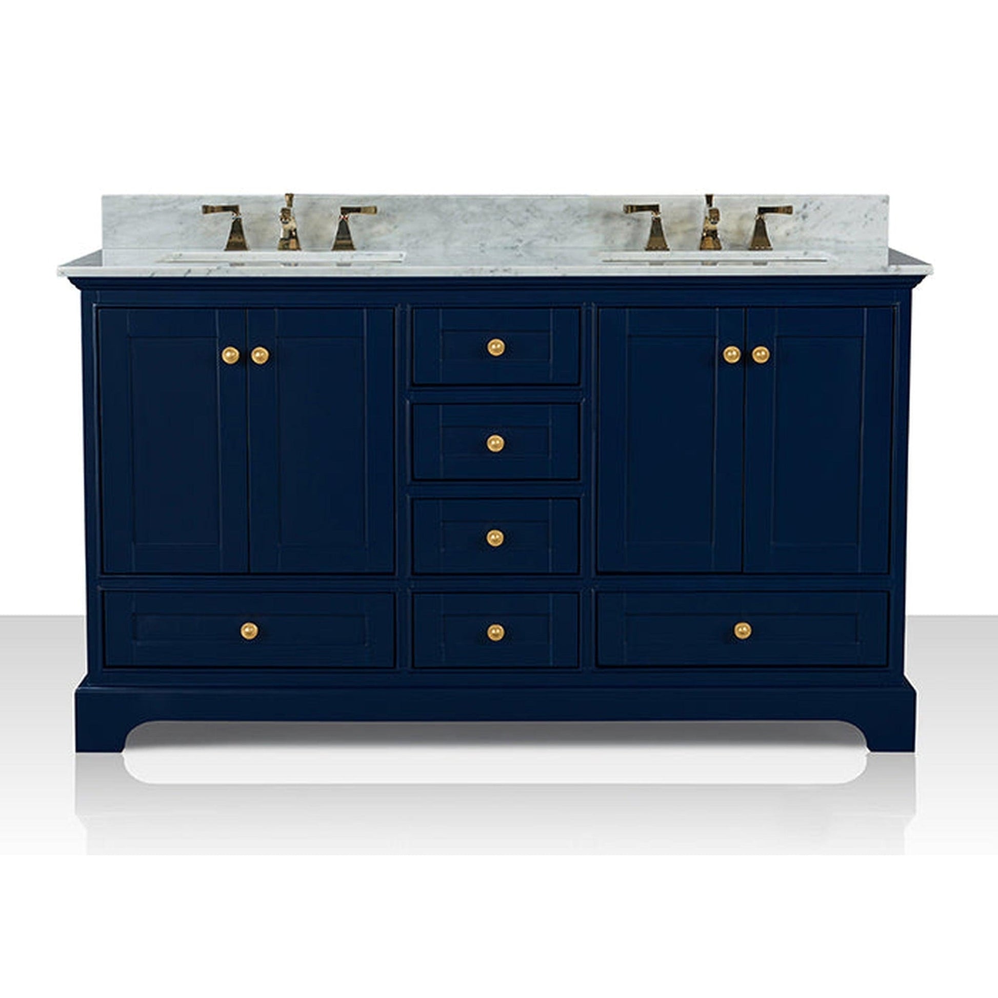 Ancerre Designs Audrey 60" 4-Door 6-Drawer Heritage Blue Bathroom Vanity With White Marble Vanity Top, Double Undermount Ceramic Sink, 4 Solid Wood Backsplash and Satin Brushed Gold Hardware
