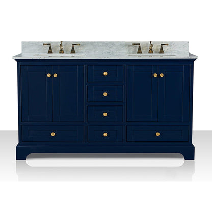 Ancerre Designs Audrey 60" 4-Door 6-Drawer Heritage Blue Bathroom Vanity With White Marble Vanity Top, Double Undermount Ceramic Sink, 4 Solid Wood Backsplash and Satin Brushed Gold Hardware