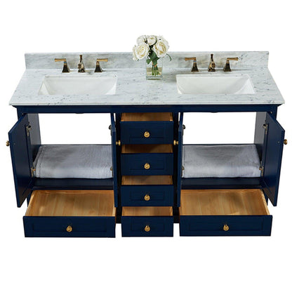 Ancerre Designs Audrey 60" 4-Door 6-Drawer Heritage Blue Bathroom Vanity With White Marble Vanity Top, Double Undermount Ceramic Sink, 4 Solid Wood Backsplash and Satin Brushed Gold Hardware