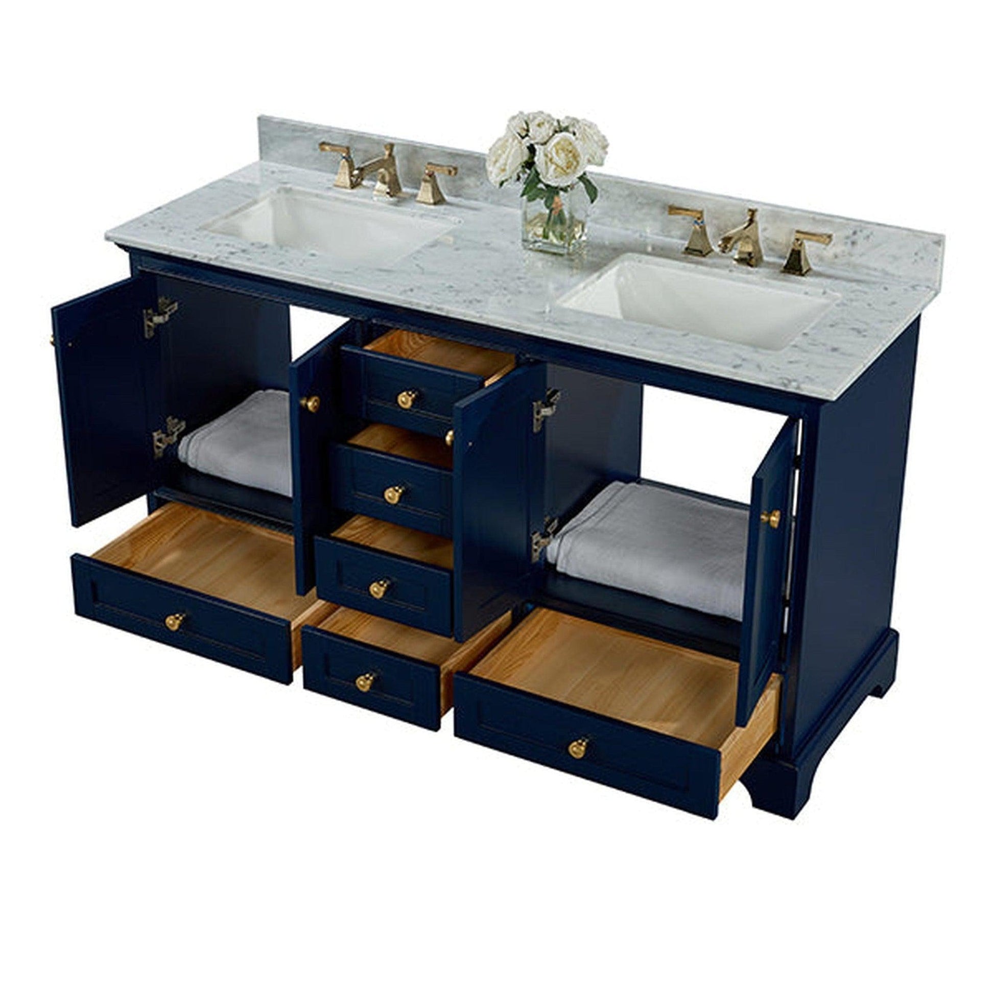 Ancerre Designs Audrey 60" 4-Door 6-Drawer Heritage Blue Bathroom Vanity With White Marble Vanity Top, Double Undermount Ceramic Sink, 4 Solid Wood Backsplash and Satin Brushed Gold Hardware