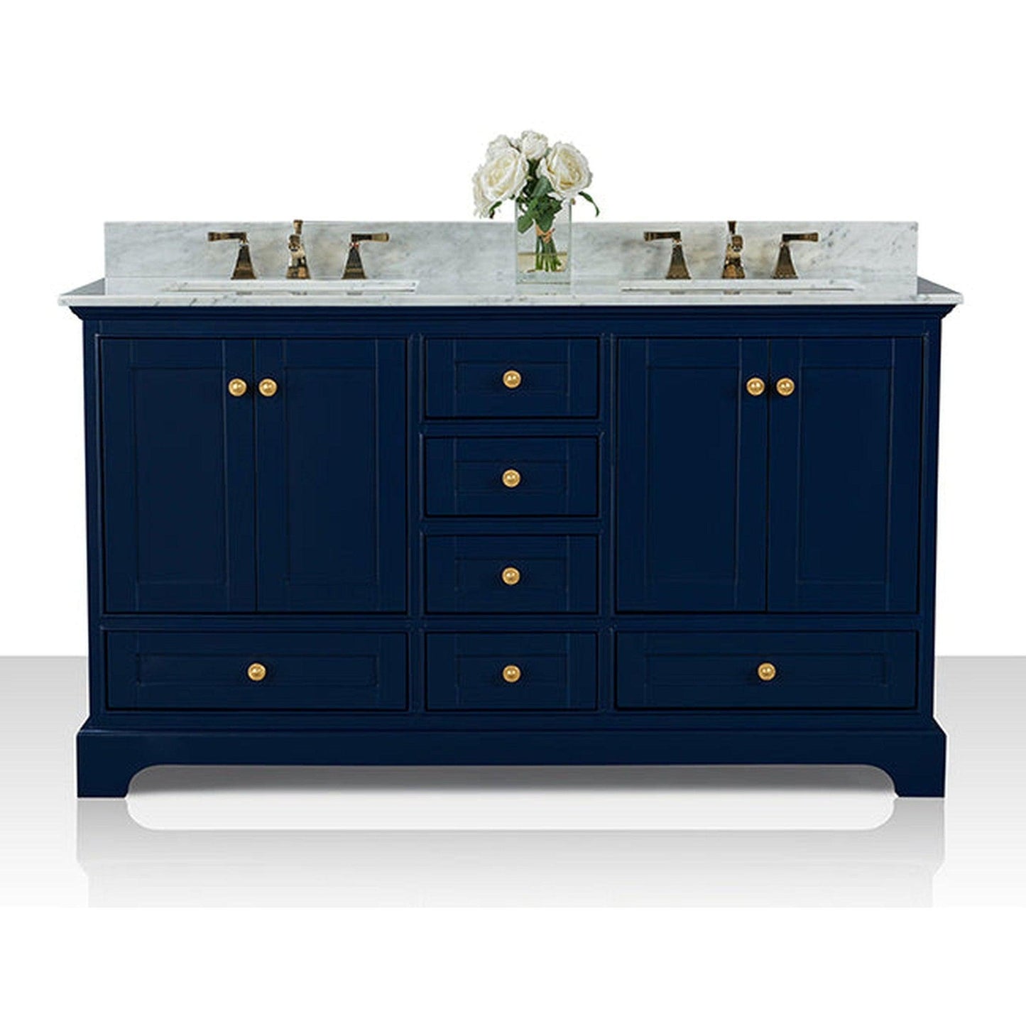 Ancerre Designs Audrey 60" 4-Door 6-Drawer Heritage Blue Bathroom Vanity With White Marble Vanity Top, Double Undermount Ceramic Sink, 4 Solid Wood Backsplash and Satin Brushed Gold Hardware