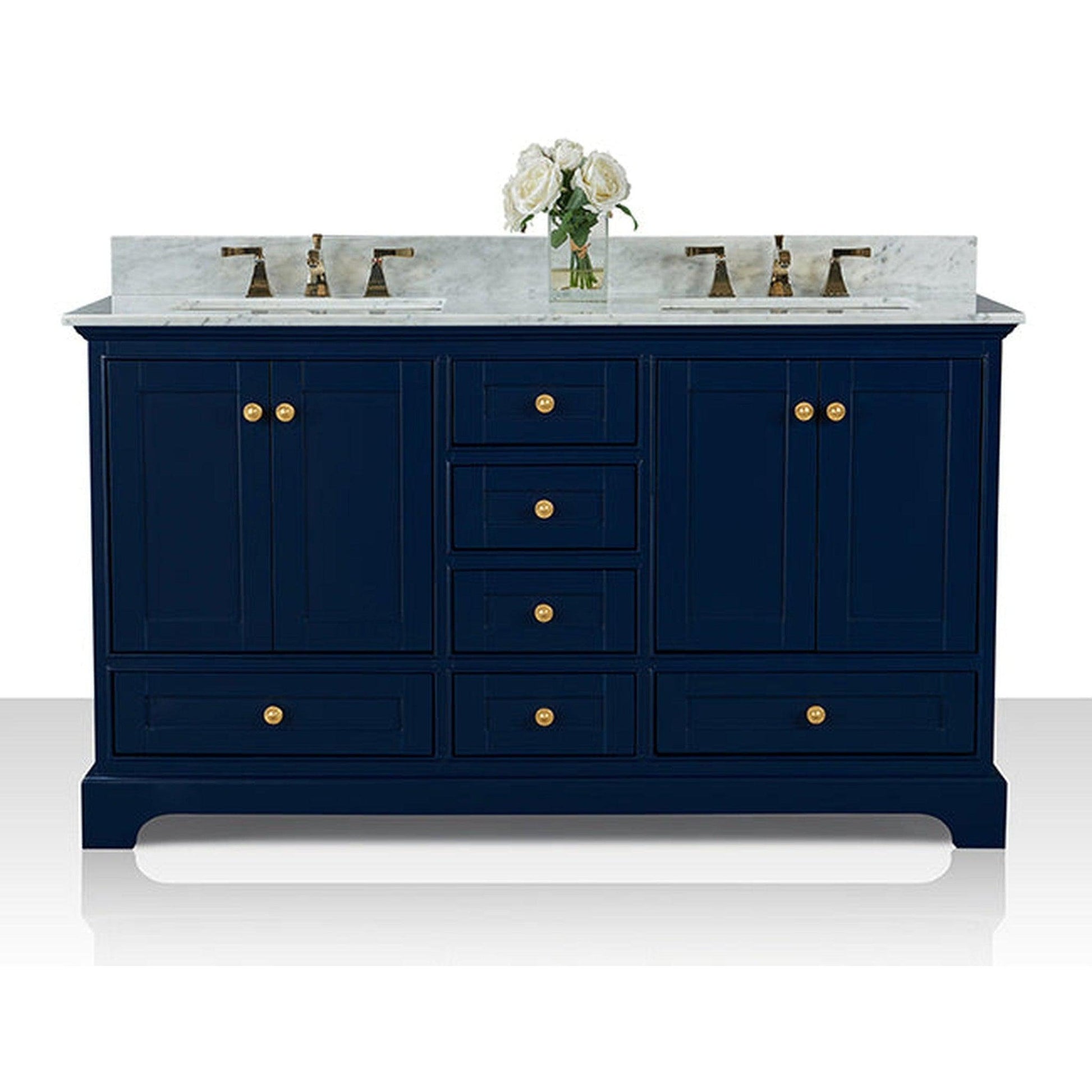 Ancerre Designs Audrey 60" 4-Door 6-Drawer Heritage Blue Bathroom Vanity With White Marble Vanity Top, Double Undermount Ceramic Sink, 4 Solid Wood Backsplash and Satin Brushed Gold Hardware