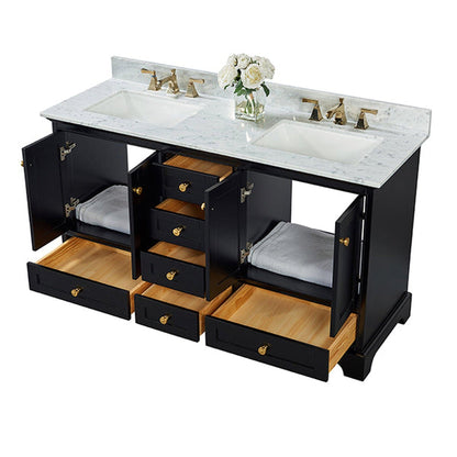 Ancerre Designs Audrey 60" Black Onyx 4-Door 6-Drawer Bathroom Vanity With White Marble Vanity Top, Double Undermount Ceramic Sink, 4” Solid Wood Backsplash and Satin Brushed Gold Hardware